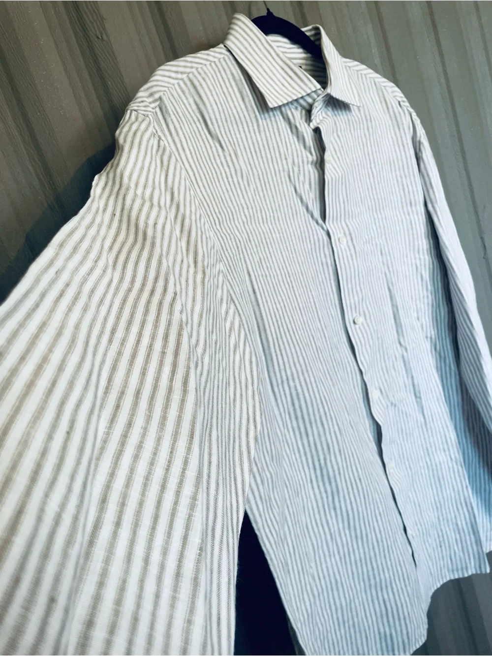 Banana Republic 100% Linen Shirt Brown Stripe Oxford Tailored Slim Fit Men's XL